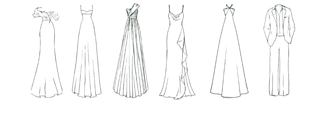 Referência de traje para o casamento: vestido longo de um ombro e terno claro